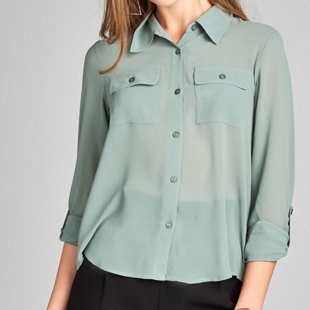 Semi Sheer Long Sleeve Double Pocket Dusty Sage Top